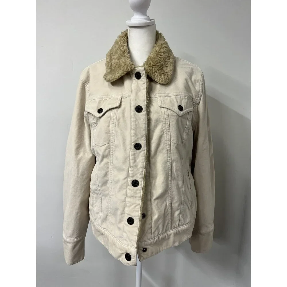 Vtg GAP Women’s Large Ivory Insulated Sherpa Lined Trucker Velour Y2K Jacket